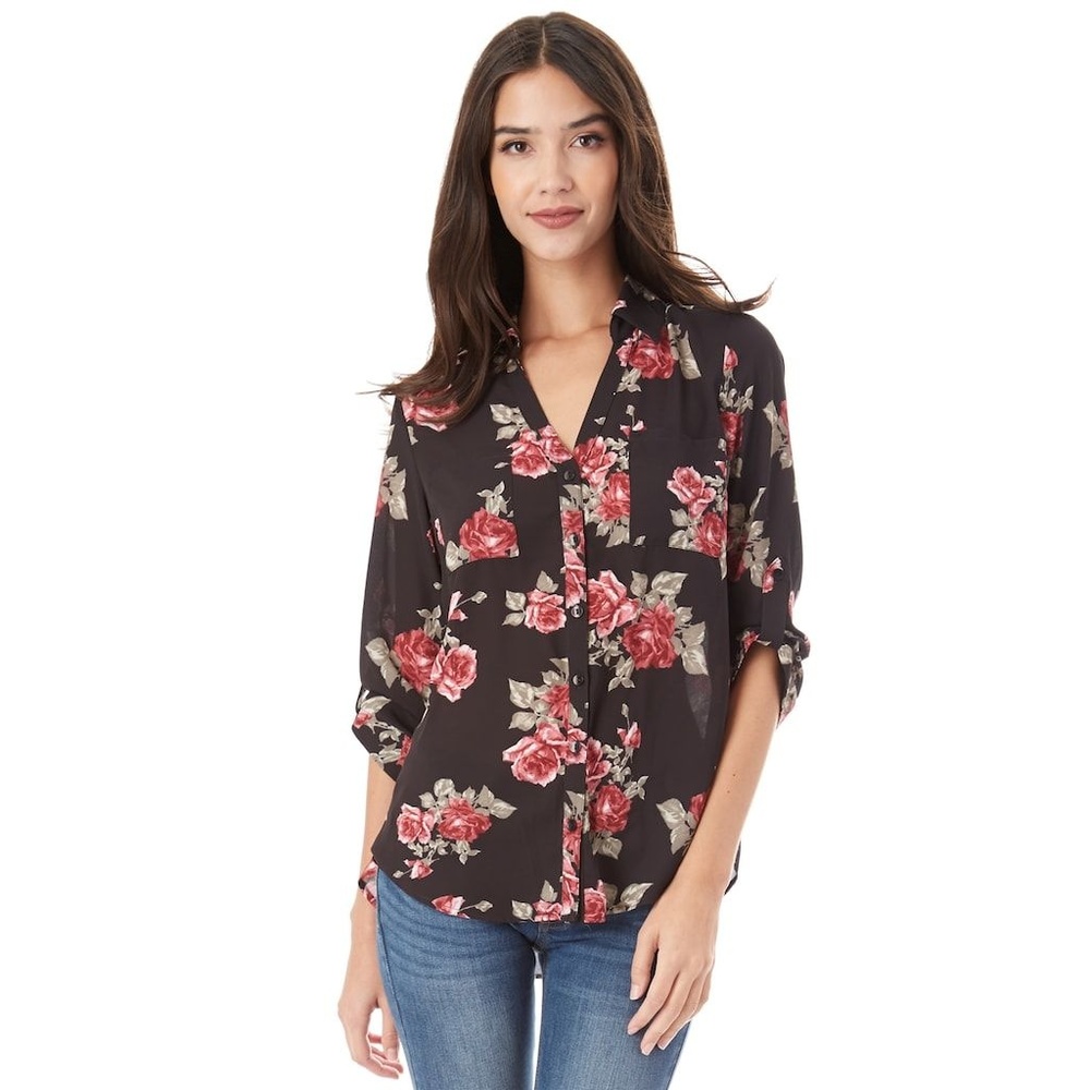 IZ Byer Roll-tab button collared floral top